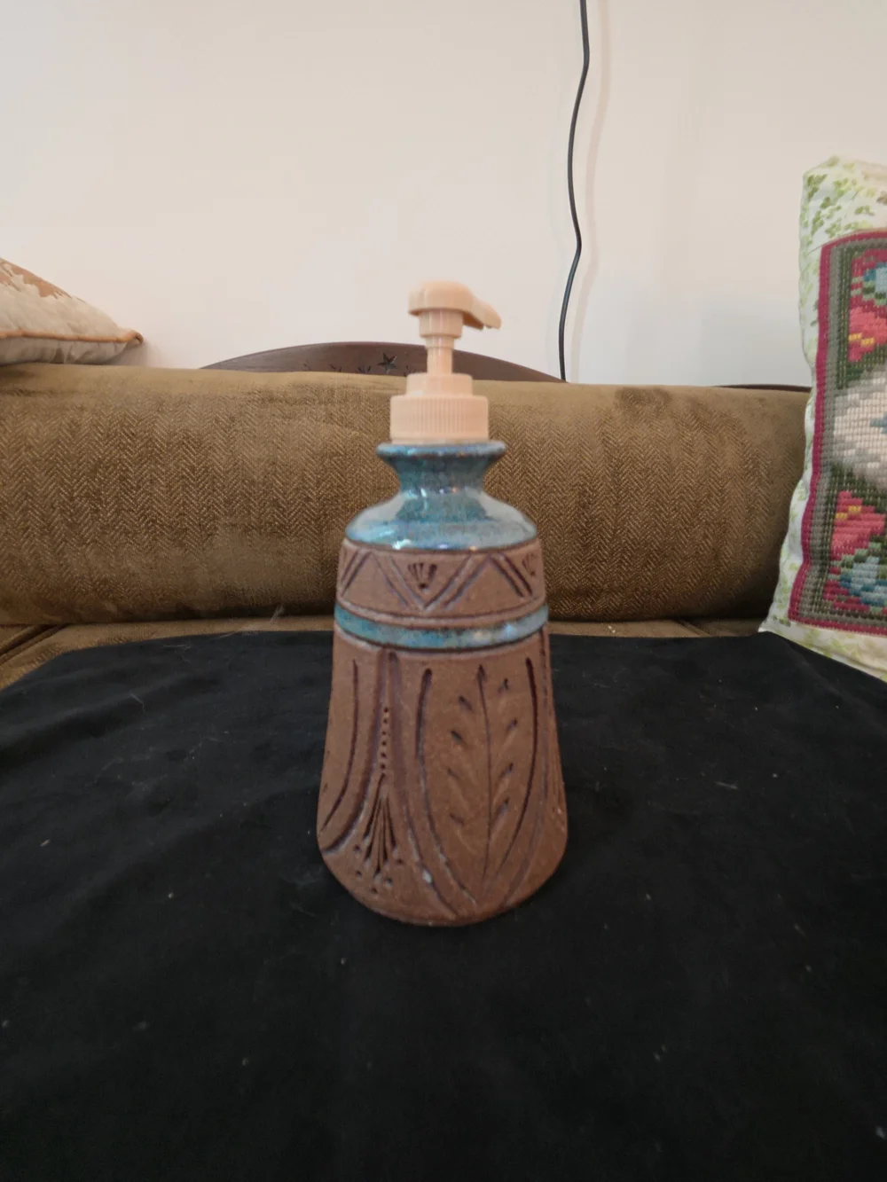 Handmade Ceramic Soap Dispenser in Brown and Blue